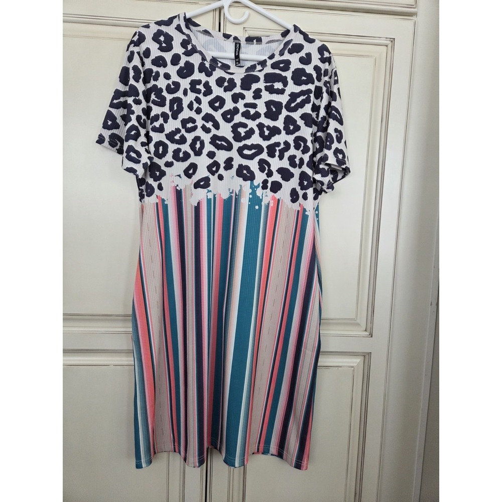 Crazy Train Cheetah Print Stripe Midi Dress Women's Large Artsy Western Comfort
